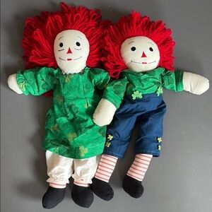 Vintage Handmade Raggedy Ann and Andy inspired Green and Red Rag Dolls Set